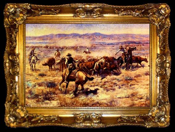 framed  Charles M Russell The Round Up, ta009-2